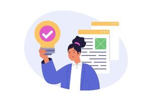 Marketing and development concept in modern flat design for web. Woman brainstorming with inspiration for business, creating advertising strategy, planning project and branding. illustration. vector