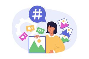 Social network concept in modern flat design for web. Woman posting new photos in online profile, using hashtags for promotion, attracting new followers for likes and comments. illustration. vector