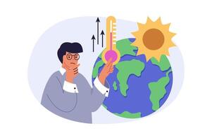 Ecology concept in modern flat design for web. Man worried climate change and global warming, trying save Earth with problem awareness, eco friendly lifestyle and sustainability. illustration. vector