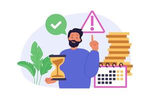 Time management concept in modern flat design for web. Man planning job agenda with calendar and hourglass, organizing productivity workflow with priority tasks to deadline. illustration. vector