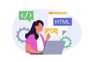 Programming concept in modern flat design for web. Woman working with html computer languages at laptop, creating software products, testing, fixing and settings project code. illustration. vector