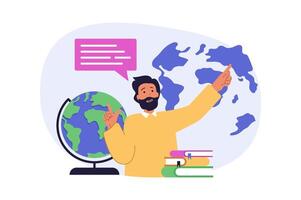School learning concept in modern flat design for web. Man working as teacher, explaining geography and cartography by blackboards in class, training pupils with books in class. illustration. vector