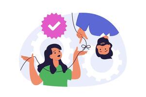 Teamwork concept in modern flat design for web. Man and woman working together at project, brainstorming new ideas, achieving goals, supporting partners and developing business. illustration. vector