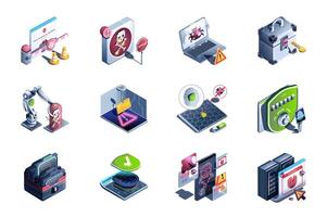 Cyber security web concept of 3d isometric icons set in isometry design. Firewall shield, stop bugs and viruses, access with key, warning danger, computer technology, other. illustration. vector