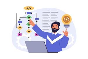 Programming concept in modern flat design for web. Man creating software products, coding and testing, fixing and settings algorithm and scripts, making project improvements. illustration. vector