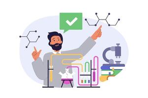 Science laboratory concept in modern flat design for web. Man doing chemical research at test tubes, studying moleculas and refinery process at lab equipment and microscope. illustration. vector