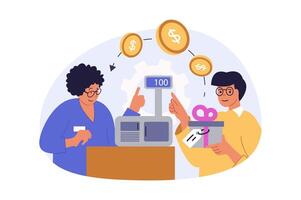 Shopping concept in modern flat design for web. Man making purchases at showroom, buying new products for gift with discount at clearance, paying at cashier counter with terminal. illustration. vector