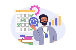 Time management concept in modern flat design for web. Man planning job, setting with tasks in calendar, organizing productivity workflow with deadlines, using work timeline. illustration. vector