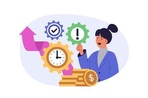 Time management concept in modern flat design for web. Woman planning job and organizing productivity workflow, brainstorming, doing priority tasks to deadline, increase earning. illustration. vector