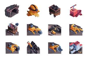 Minery mine web concept of 3d isometric icons set in isometry design. Coal industry equipment, tunnel, helmet, railway cart, shovel, pickaxe, excavator, mining machinery, other. illustration. vector