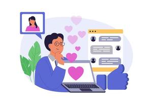 Social network concept in modern flat design for web. Man and woman communicating online in date app, sending romantic messages in chat and flirting, contacting by internet. illustration. vector