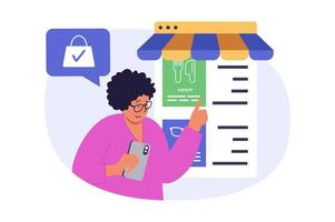 Mobile commerce concept in modern flat design for web. Woman choosing food products in menu of internet store, making online purchases in smartphone application with safe paying. illustration. vector