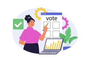 Online voting concept in modern flat design for web. Woman choosing her candidate with high rating, ticking in election list, making political decision at democratic election. illustration. vector
