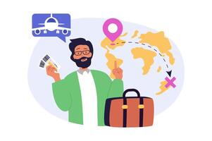 Travel concept in modern flat design for web. Man with luggage and flight ticket going to vacation journey, boarding to airplane and flying in tour with locations route at map. illustration. vector