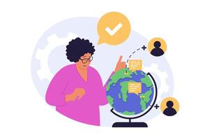 Social network concept in modern flat design for web. Woman connecting online with global friends, chatting and sending emails or messages, commenting and talking in community. illustration. vector