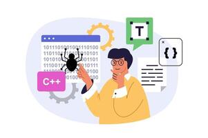 Programming concept in modern flat design for web. Man coding and working at software development, making improvements and optimization, fixing bugs and solving code problems. illustration. vector