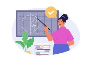 School learning concept in modern flat design for web. Woman working as teacher, explaining geometry and solving math problems by blackboards in class, training pupils in class. illustration. vector