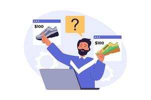 Shopping concept in modern flat design for web. Man choosing new sneakers at internet store using laptop, making bargain purchases with special prices and paying order online. illustration. vector