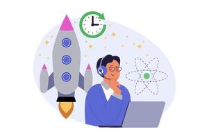 Science laboratory concept in modern flat design for web. Man works as technician at lab by laptop, monitoring astronomy spacecrafts and shuttles exploration and cosmos stations. illustration. vector