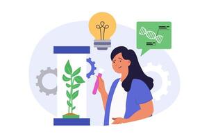Science laboratory concept in modern flat design for web. Woman studying plants, making tests with green leaf at tube, researching genetic molecular structures at lab equipment. illustration. vector