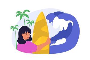 Travel concept in modern flat design for web. Woman with surfboard going to summer vacation to tropical island by sea or ocean with high waves for active rest with surfing. illustration. vector