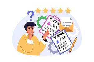 Recruitment concept in modern flat design for web. Man working as headhunter, searching best candidate resumes in staff and approving applicants for job interview in office. illustration. vector
