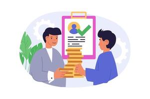 Recruitment concept in modern flat design for web. Man finding best candidate in office staff, concluding job agreement by interview meeting, hiring specialist at vacancy in team. illustration. vector