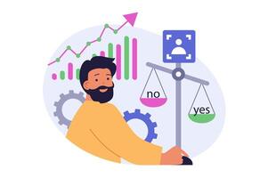 Online voting concept in modern flat design for web. Man analyzing exit polls and ratings, supporting and choosing his candidate in election list, making political decision. illustration. vector