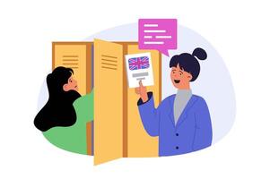 School learning concept in modern flat design for web. Classmates girls talking by lockers, preparing to english language lesson with book, studying together and doing homework. illustration. vector