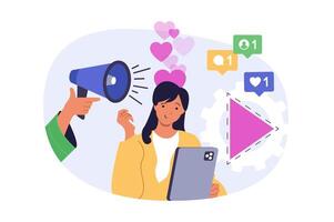 Social media concept in modern flat design for web. Woman posting new videos and making live broadcast, promoting blog with marketing tools in app, attracting new followers. illustration. vector