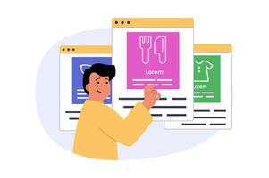 Mobile commerce concept in modern flat design for web. Man choosing food, products and clothes in menu of online store, making purchases with safe paying and bargain prices. illustration. vector