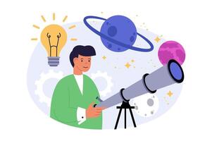 Science laboratory concept in modern flat design for web. Man looking at telescope, learning sky with stars, cosmos bodies and galaxy planets, studying astronomy in observatory. illustration. vector