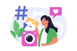 Social network concept in modern flat design for web. Woman sharing new posts with photos, using hashtags for online promotion, collecting likes and hearts from following friends. illustration. vector