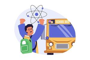 School learning concept in modern flat design for web. Happy schoolboy with backpack hurrying at yellow bus, preparing to lessons for studying sciences and getting new cognitions. illustration. vector