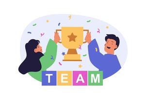 Teamwork concept in modern flat design for web. Man and woman improving processes with innovation, developing business projects in team, achieving goals and winning trophy prize. illustration. vector