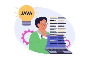 Programming concept in modern flat design for web. Man creating code, working with java computer language at laptop, creating software products or improving algorithms project. illustration. vector