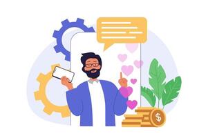 Social network concept in modern flat design for web. Man making live broadcasting in blog, using online promotion tools, collecting likes from followers, getting monetization. illustration. vector