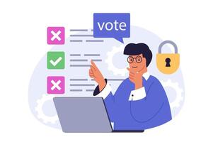 Online voting concept in modern flat design for web. Man analyzing candidate ratings, choosing and supporting candidate in election list, making political decision and ticking. illustration. vector