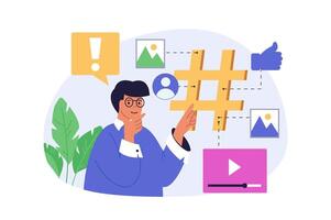Social media concept in modern flat design for web. Man interacting with digital content and hashtags, likes friends photos in online profiles, communicating and leaving comments. illustration. vector