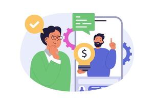 Social media concept in modern flat design for web. Man watching live broadcasting using mobile app, getting new financial information online from blog, leaving like and comments. illustration. vector