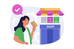 Shopping concept in modern flat design for web. Woman choosing new clothes at store, making bargain purchases with special prices and paying order by credit card using apps. illustration. vector