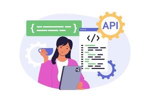 Programming concept in modern flat design for web. Woman working as administrator and managing software creations, making improvements and optimization, controlling operations. illustration. vector
