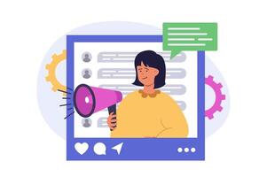 Social media concept in modern flat design for web. Woman communicating online at chats, leaving comments, sharing posts and promoting its with marketing tools and advertising. illustration. vector