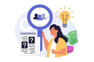 Recruitment concept in modern flat design for web. Woman with magnifier searching candidates in company staff, looking recruit resumes and approving for job interview in office. illustration. vector