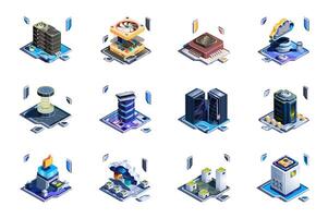 Data server web concept of 3d isometric icons set in isometry design. Hardware racks, cloud service, datum downloading, hosting, encryption protection, processor, software, other. illustration. vector