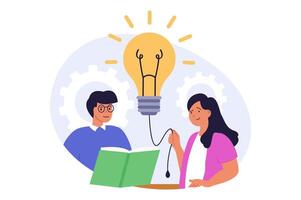 Teamwork concept in modern flat design for web. Man and woman brainstorming and finding ideas, creating project and working in team, developing business and achieving goals. illustration. vector