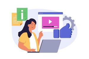 Social media concept in modern flat design for web. Woman watching using laptop, leaving like reaction and comments, following blogs and getting new information online. illustration. vector