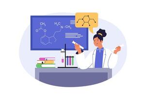 School learning concept in modern flat design for web. Woman working at laboratory, doing chemical tests at tubes and equipment with pupils in class, training students to exams. illustration. vector