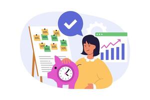 Time management concept in modern flat design for web. Woman planning job with tasks, organizing productivity workflow, controlling time to deadline, earning money and savings. illustration. vector