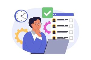 Online voting concept in modern flat design for web. Man thinking and making political decision in democratic survey, choosing his candidate in election list, ticking in form. illustration. vector